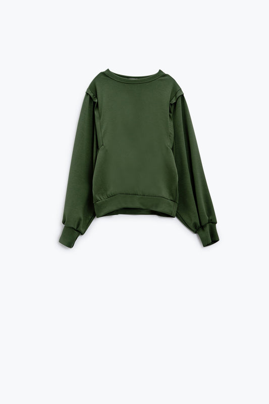 Q2 Sudadera caqui de manga larga con detalles de costura frontal en los laterales