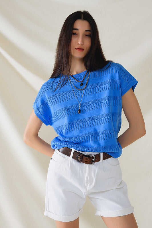 Q2 Sudadera En Azul Con Diseño De Encaje Y Mangas Cortas