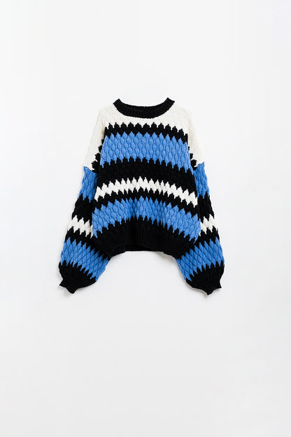 Q2 Sueter acogedor azul blanco y negro