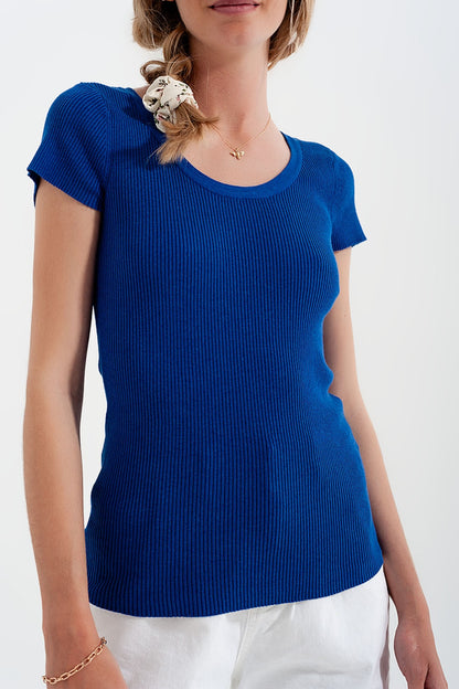 Sueter ajustada de punto de canalé con cuello redondo en azul