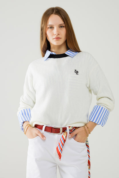 Q2 Suéter blanco con cuello en contraste y logo Love en el pecho.