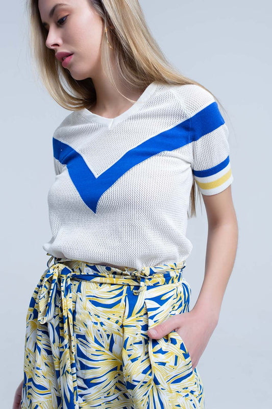 Q2 Sueter calado blanco con detalle linea azul