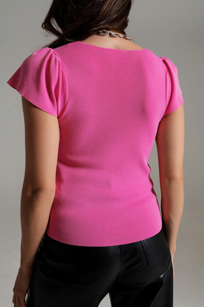 Suéter con cuello cuadrado y mangas abullonadas en rosa