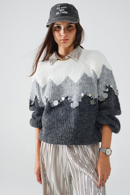 Q2 Suéter con diseño de espiga y detalles de lentejuelas en gris