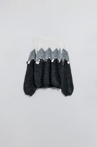 Suéter con diseño de espiga y detalles de lentejuelas en gris