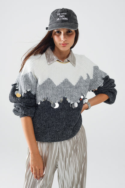 Suéter con diseño de espiga y detalles de lentejuelas en gris