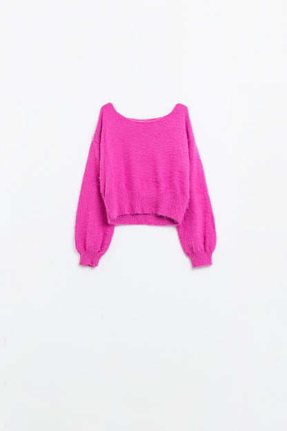 Q2 suéter corto esponjoso en fucsia ajustado a la cintura