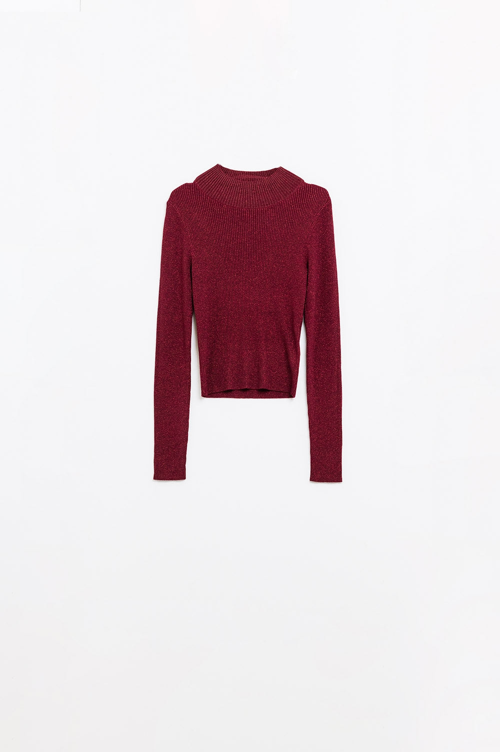Sueter de cuello alto y manga larga con purpurina roja brillante