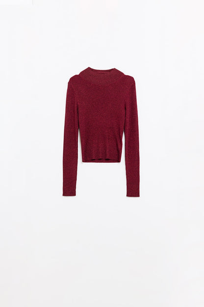 Sueter de cuello alto y manga larga con purpurina roja brillante