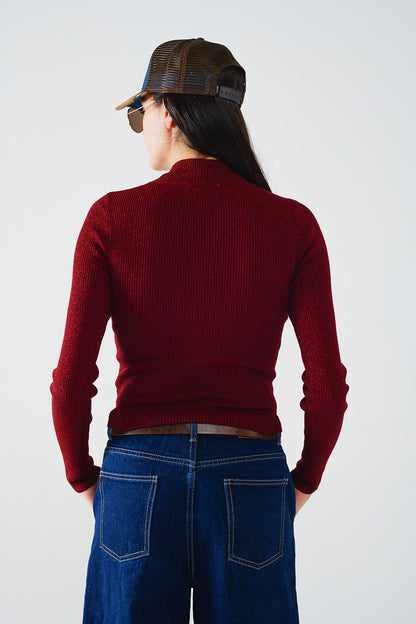 Sueter de cuello alto y manga larga con purpurina roja brillante