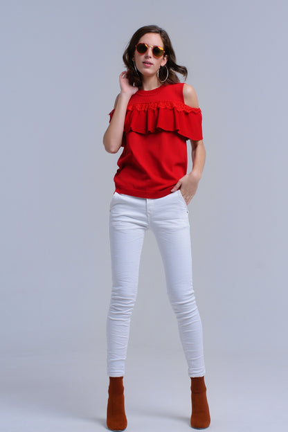 Suéter de hombro frío rojo con volante y encaje