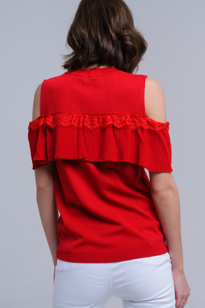 Suéter de hombro frío rojo con volante y encaje