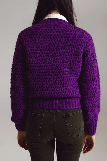 Suéter holgado de punto gofre con cuello alto en color morado