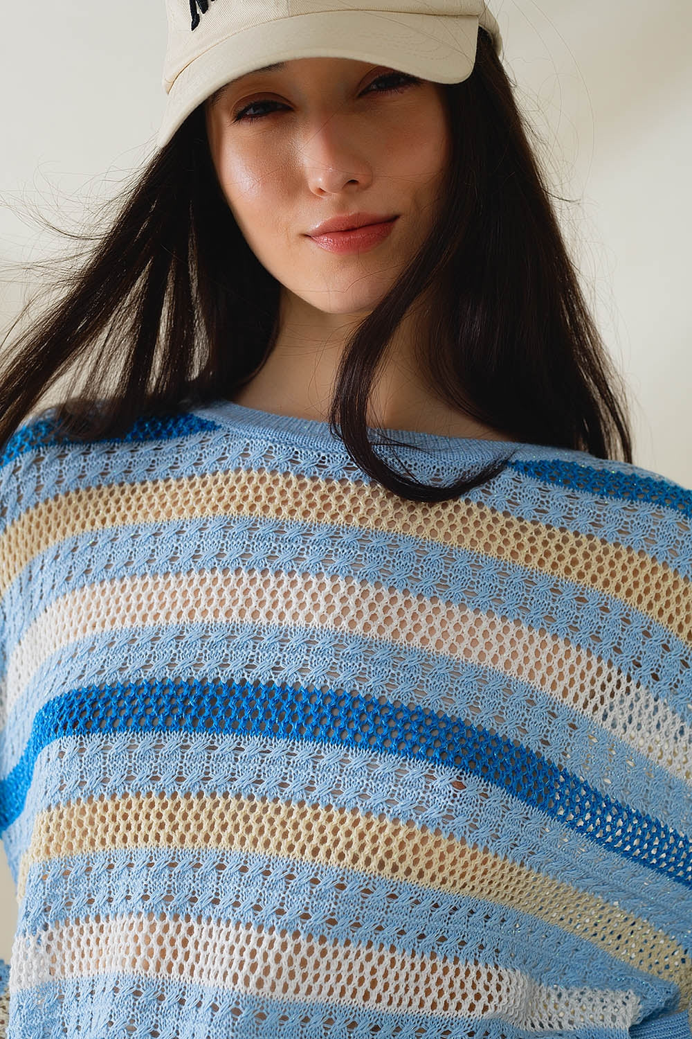 Suéter Multicolor Azul De Manga Larga Con Cuello Barco