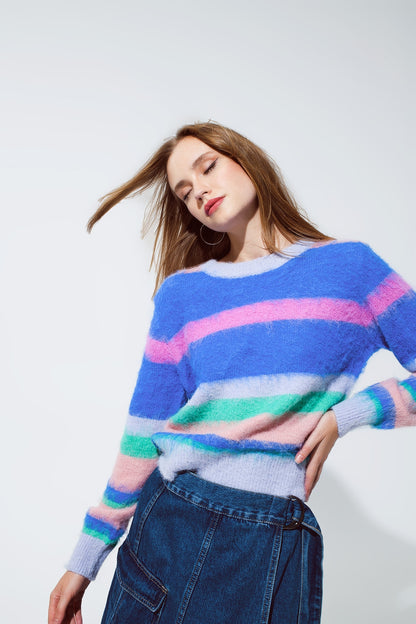 Suéter multicolor con rayas en rosa y azules