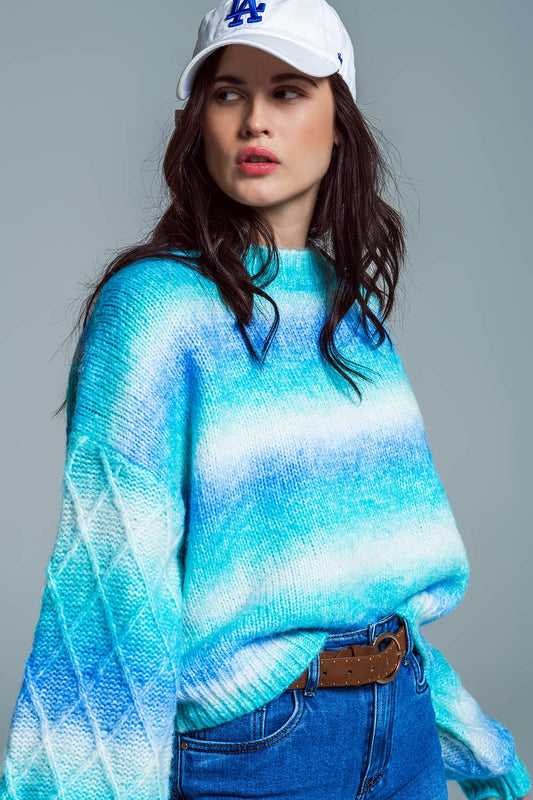 Q2 Suéter relajado con estampado ombre en tonos azules y estampado de rombos en las mangas