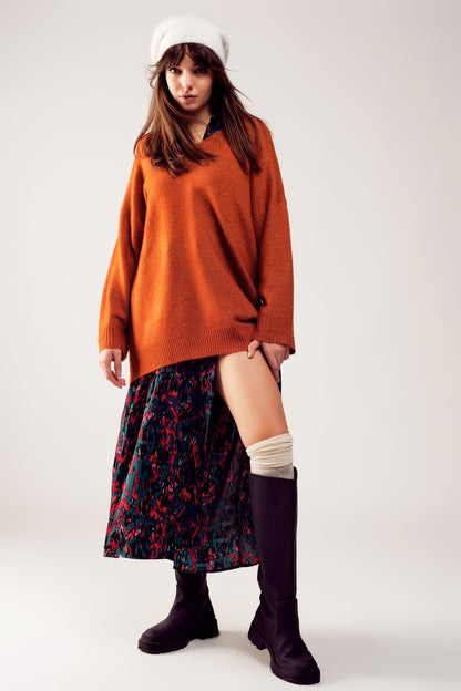 Sueter vestido de pico extragrande en color naranja
