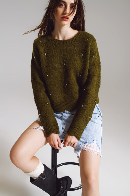 Q2 Sweater con Flores Tejidas y detalles de strass en khaki