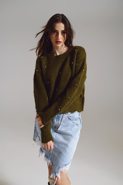 Sweater con Flores Tejidas y detalles de strass en khaki