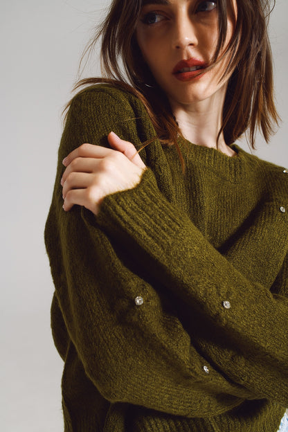Sweater con Flores Tejidas y detalles de strass en khaki