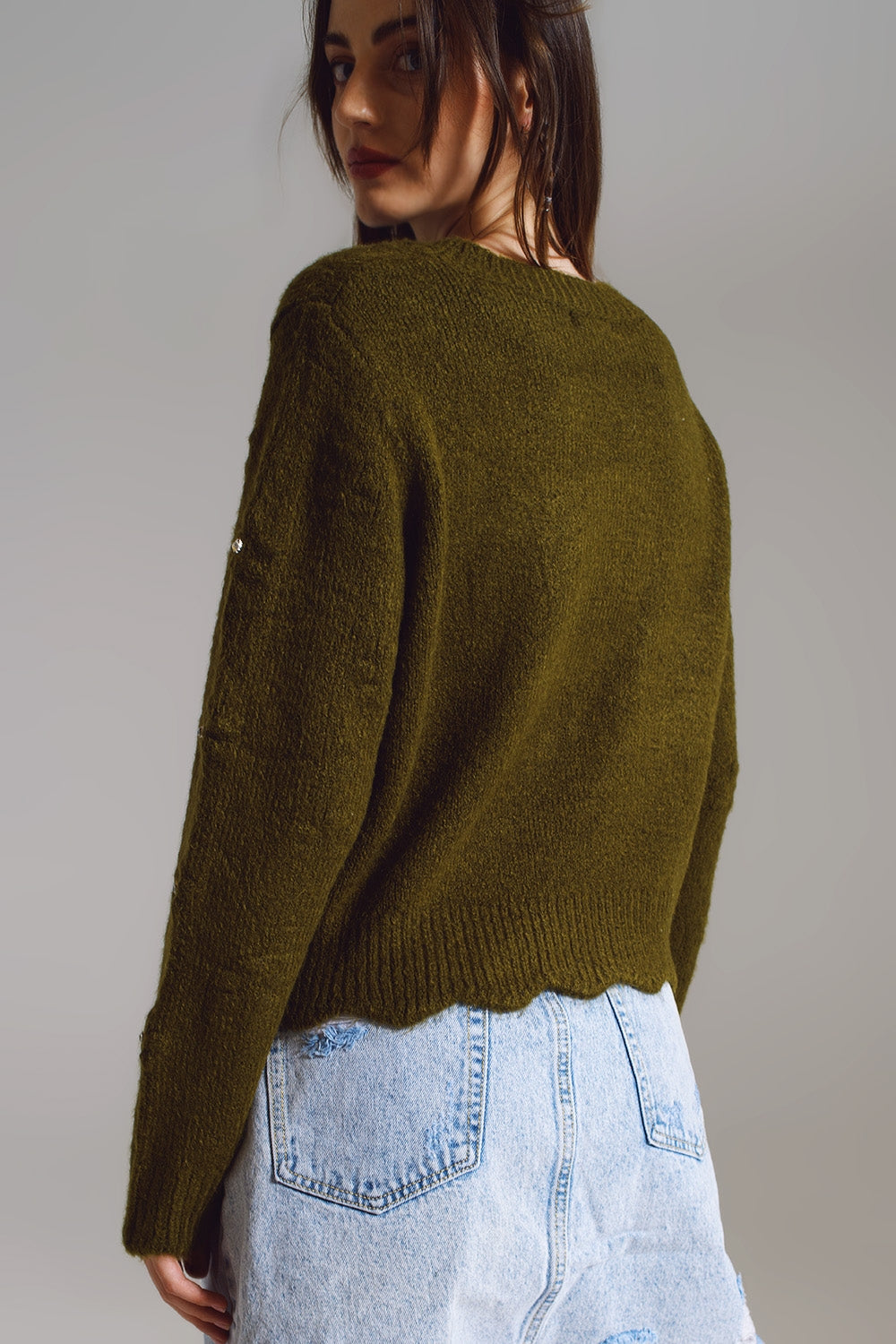 Sweater con Flores Tejidas y detalles de strass en khaki
