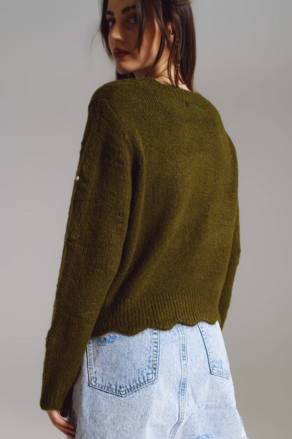 Sweater con Flores Tejidas y detalles de strass en khaki
