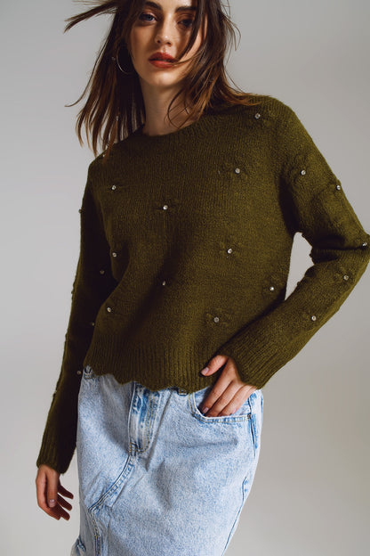 Sweater con Flores Tejidas y detalles de strass en khaki