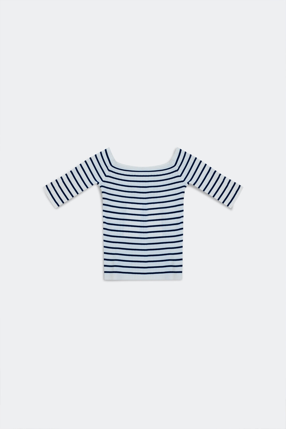 Top azul marino a rayas con escote Bardot