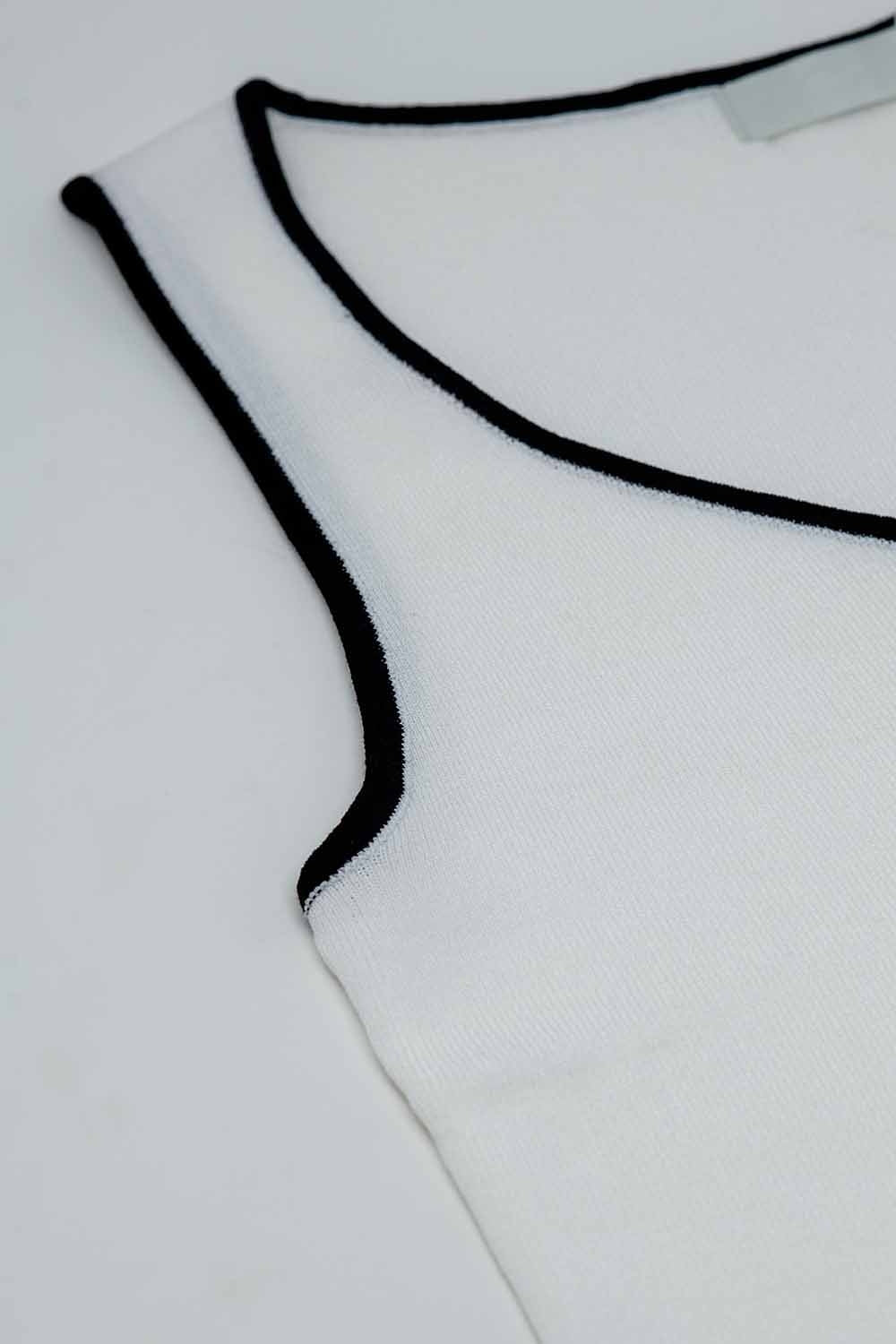 Top Blanco Sin Mangas Con Escote Crew Neckline Y Ribete Negro
