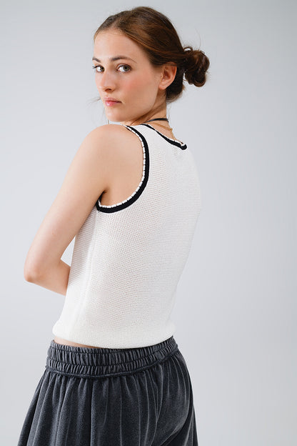 Top blanco sin mangas de punto con detalle de ribete blanco y negro