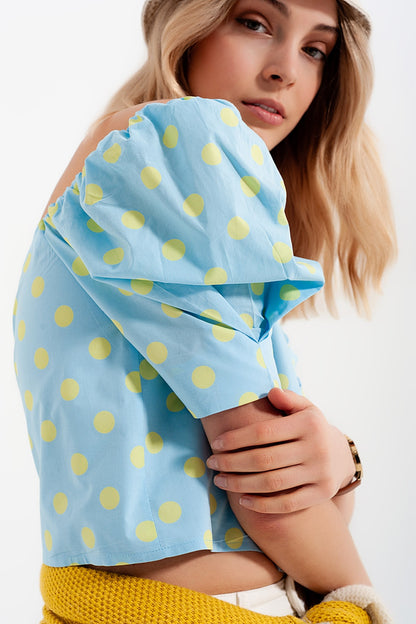 Top con escote cuadrado mangas abullonadas y estampado de lunares azul y verde