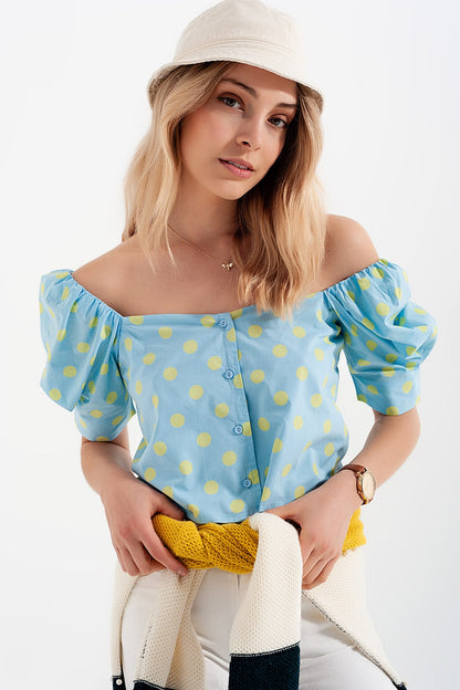 Top con escote cuadrado mangas abullonadas y estampado de lunares azul y verde