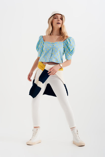 Top con escote cuadrado mangas abullonadas y estampado de lunares azul y verde