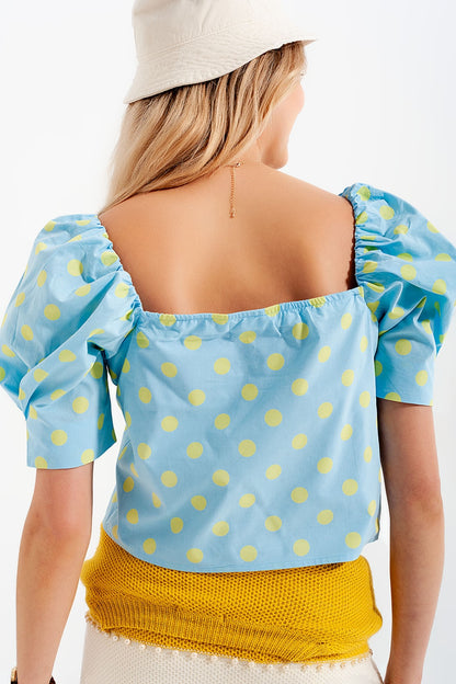 Top con escote cuadrado mangas abullonadas y estampado de lunares azul y verde