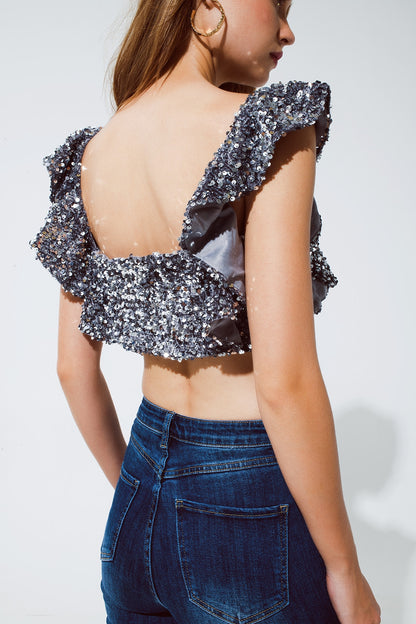 Top corto plateado de lentejuelas