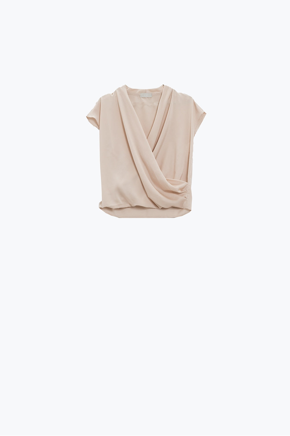 Top de seda Beige Cruzada Con Cuello En V Y Mangas Cortas