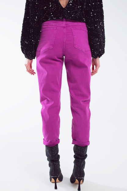 Vaquero slouchy de algodón de talle medio en magenta