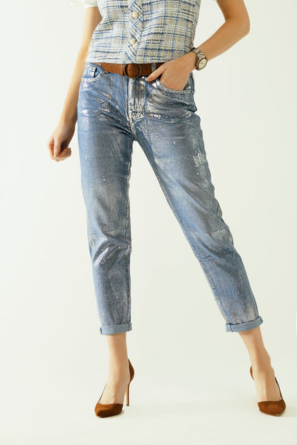 Vaqueros azules skinny con acabado metalizado en lavado claro