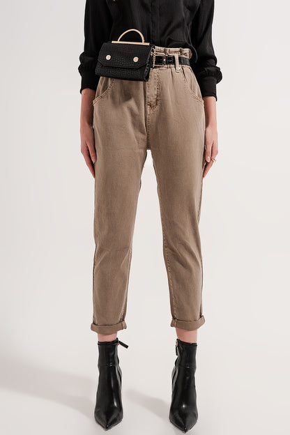 Vaqueros con cintura elástica paperbag en beige