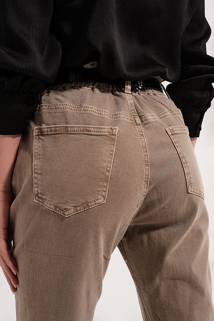 Vaqueros con cintura elástica paperbag en beige