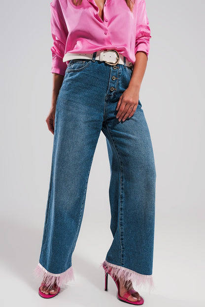 Q2 Vaqueros de pernera recta con plumas sintéticas en el bajo de color ROSA