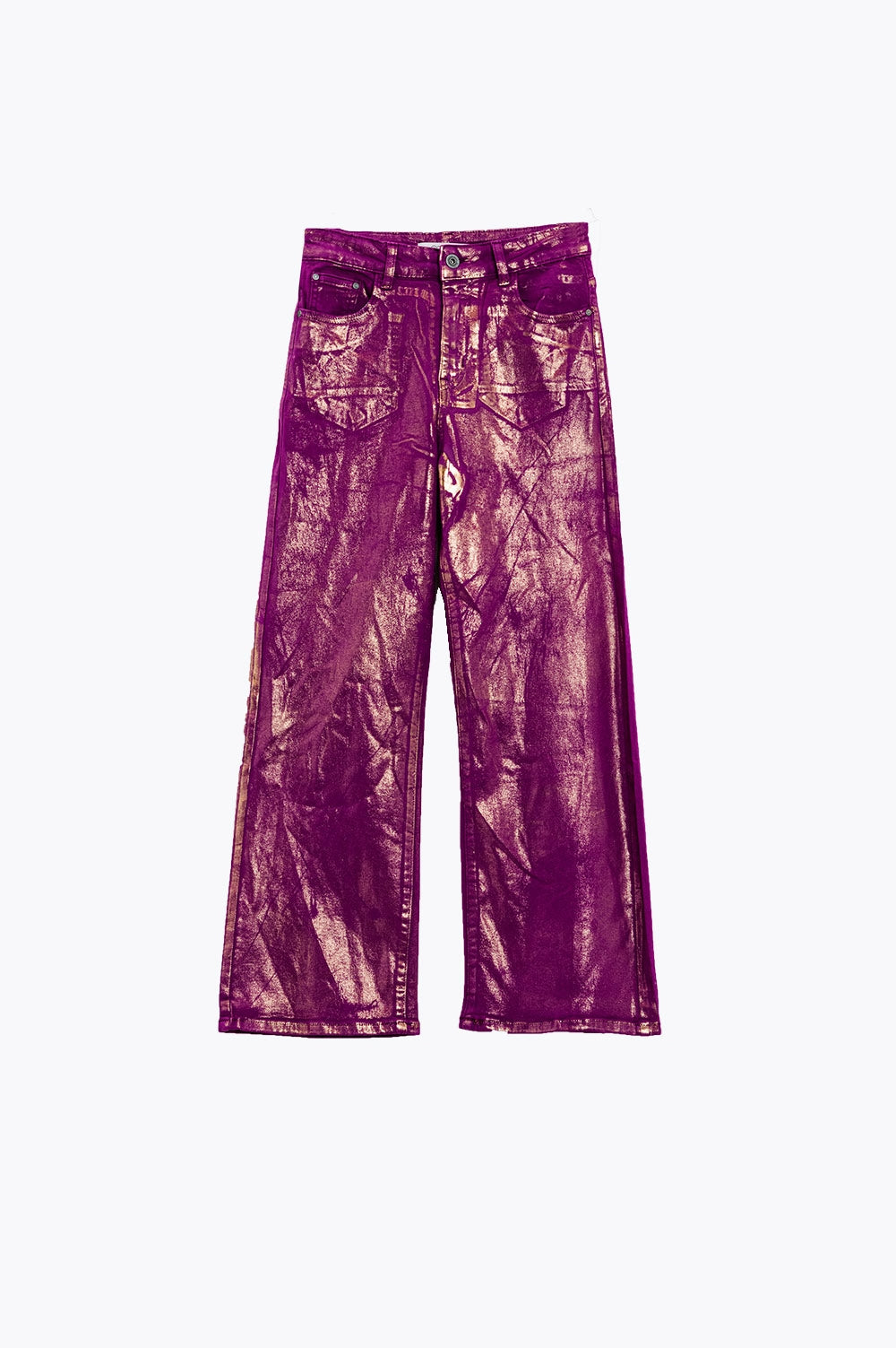 Vaqueros magenta de pata ancha con acabado metalizado en dorado