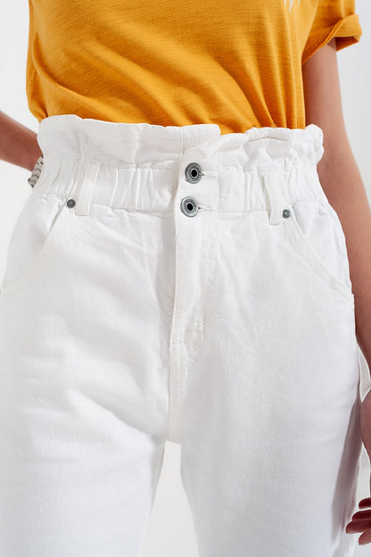 Vaqueros Mom con cintura elástica paperbag en blanco