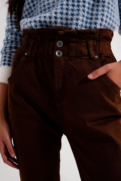 Vaqueros Mom con cintura elástica paperbag en marron