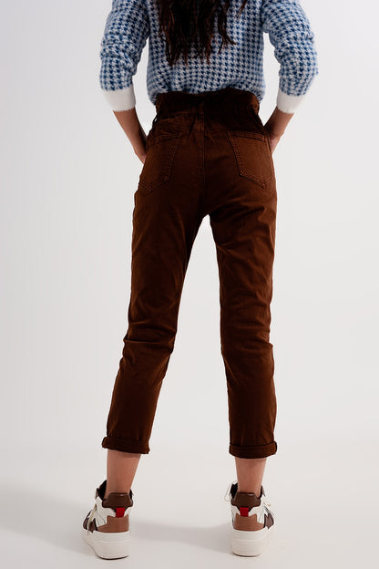 Vaqueros Mom con cintura elástica paperbag en marron