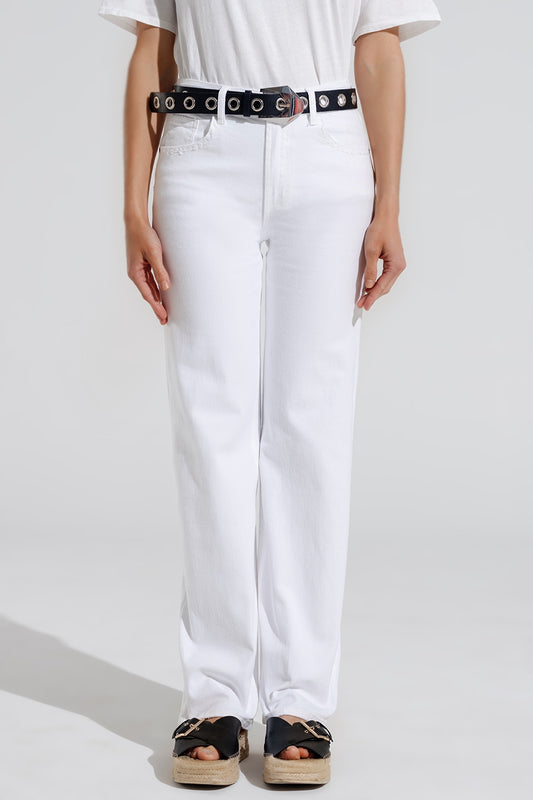 Q2 Vaqueros rectos de denim elástico con 5 bolsillos en blanco