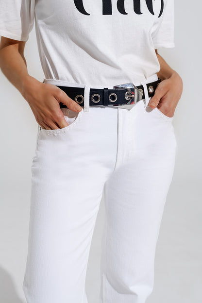 Vaqueros rectos de denim elástico con 5 bolsillos en blanco