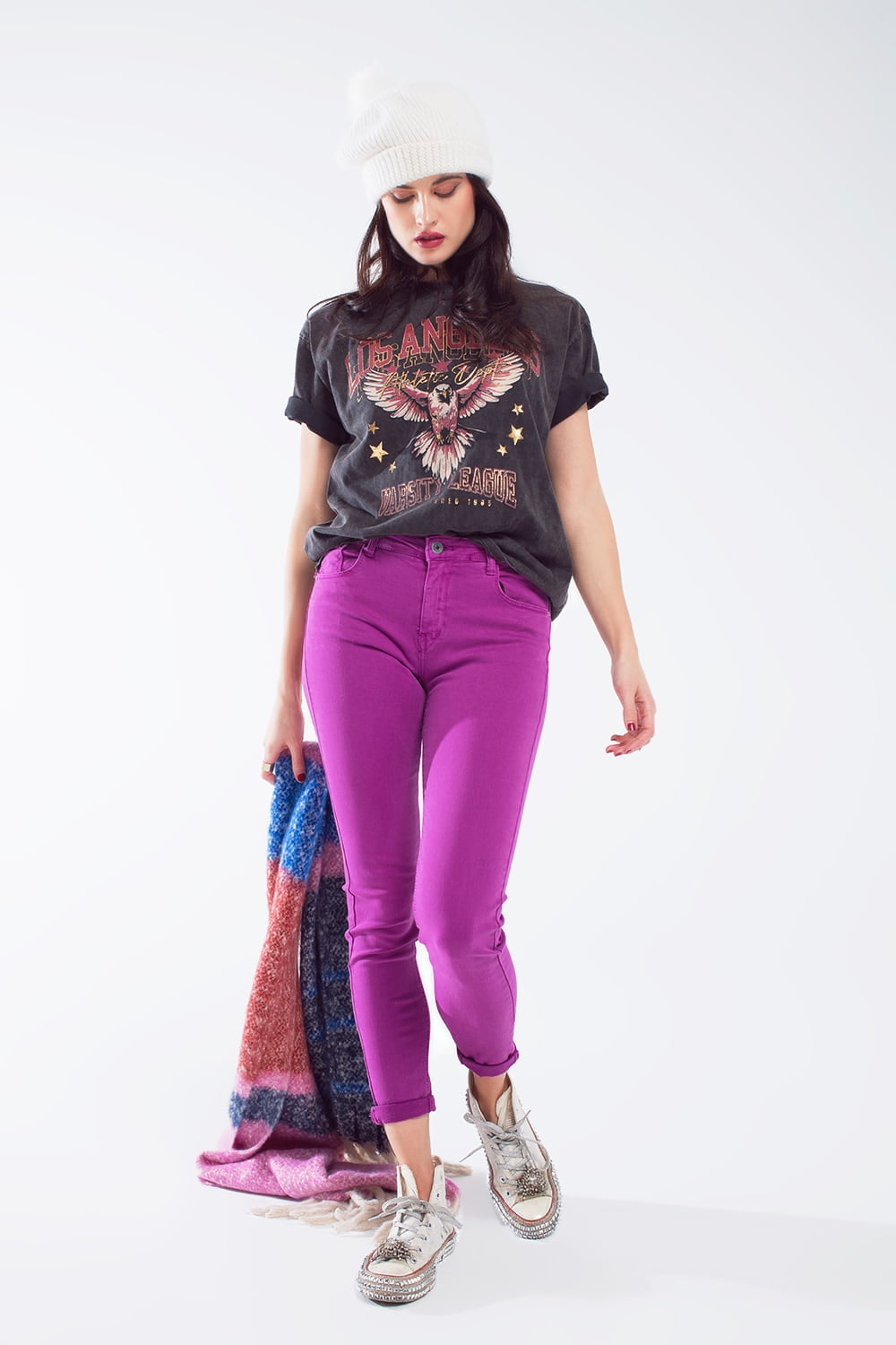 Vaqueros super ajustados tobilleros fucsia con suaves arrugas