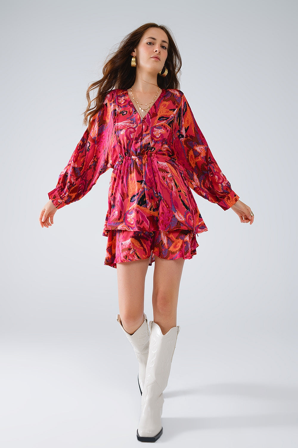 Vestido acampanado con estampado animal multicolor y mangas largas