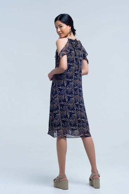 Vestido azul marino midi con estampado de flores y volantes